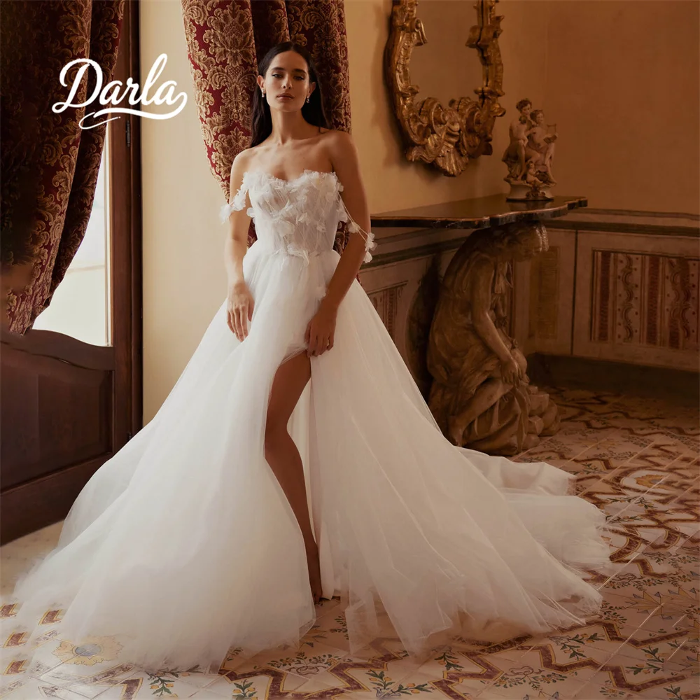 

Darla Customized Sweetheart Off Shoudler Flower Appliques A-Line Wedding Dress Tulle Backless Floor Length Elegant Sweep Train