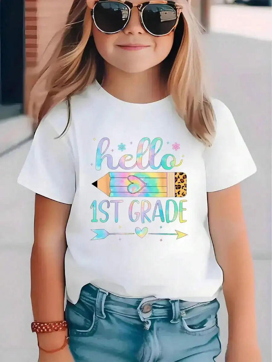Hello 1st Grade Short Sleeve Tee For Grade 1, Print Summer Outdoor Sports Shirts, Size 3Y-13Y, ELY0704037 Gifts For Kids
