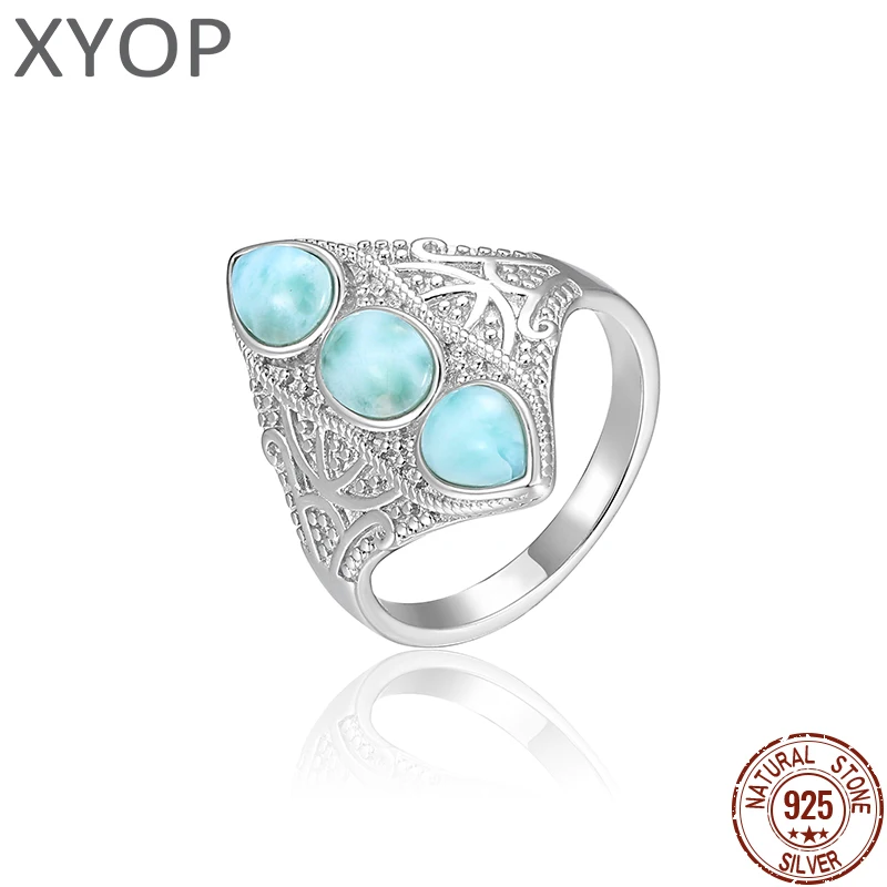 

XYOP 925 Sterling Silver Retro Precious Larimar Ring for Women Fashion Jewelry Natural Larimar Gemstone Ring