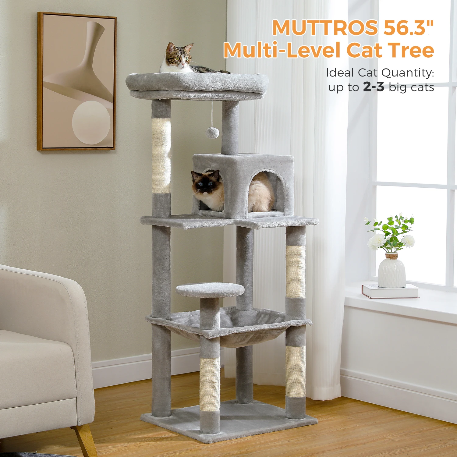Cat Tree Tower With Anti-Tip Kit,Comfy Top-Level Hammock,Large Stable Base, 2 Door Cat Cave,Cozy Condo Suitable for 2-3 Big Cats