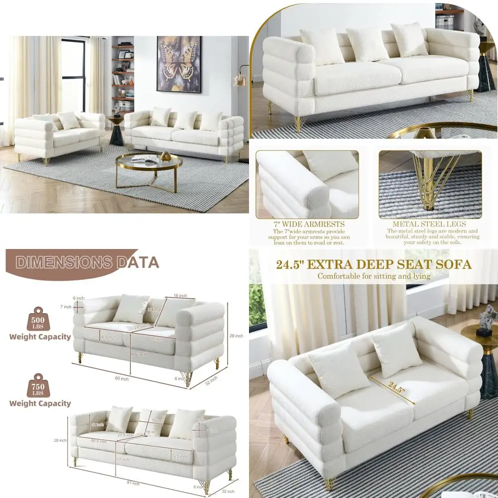 طقم أريكة منجدة حديثة بأرجل ذهبية وأريكة 3 مقاعد ومقعدين، أثاث غرفة معيشة مريح على طراز سحابة #1