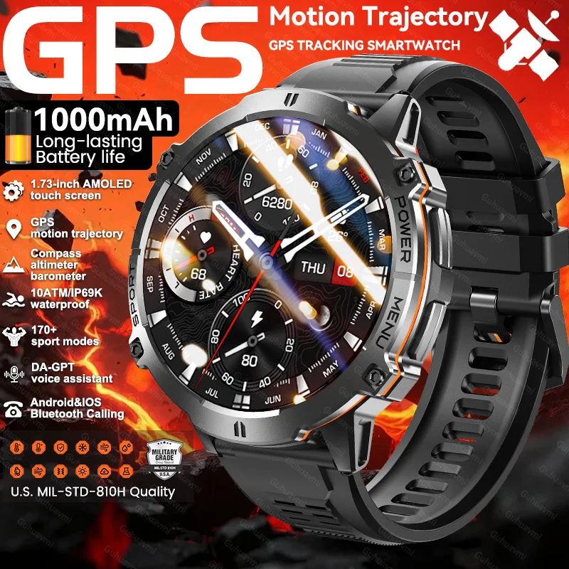 

2025New TANK X3 GPS Smart Watch Men 1.73"Large Screen 1000mAh Battery Altimeter 10ATM Waterproof BT Call MIL-STD-810H Smartwatch