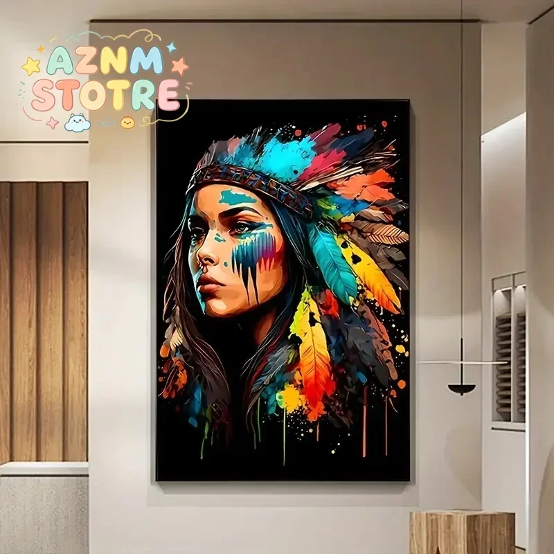 Affiche sur toile d'art : Jeune fille amérindienne, Peinture murale sur toile, Femme guerrière indienne, Affiches imprimées pour la décoration du salon et du couloir