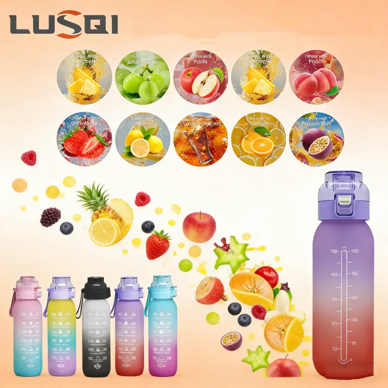 LUSQI 1000ML Flavor Water Bottle With Straw & 9PCS Flavor Pods BPA Free Sports Water Bottle For Fitness Gym Outdoor Activities