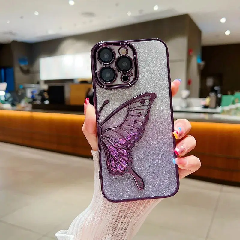 Luxury Quicksand Glitter Butterfly Soft Phone Case For iPhone 11 12 13 14 15 16 Pro Max Camera Protection Shockproof Clear Cover