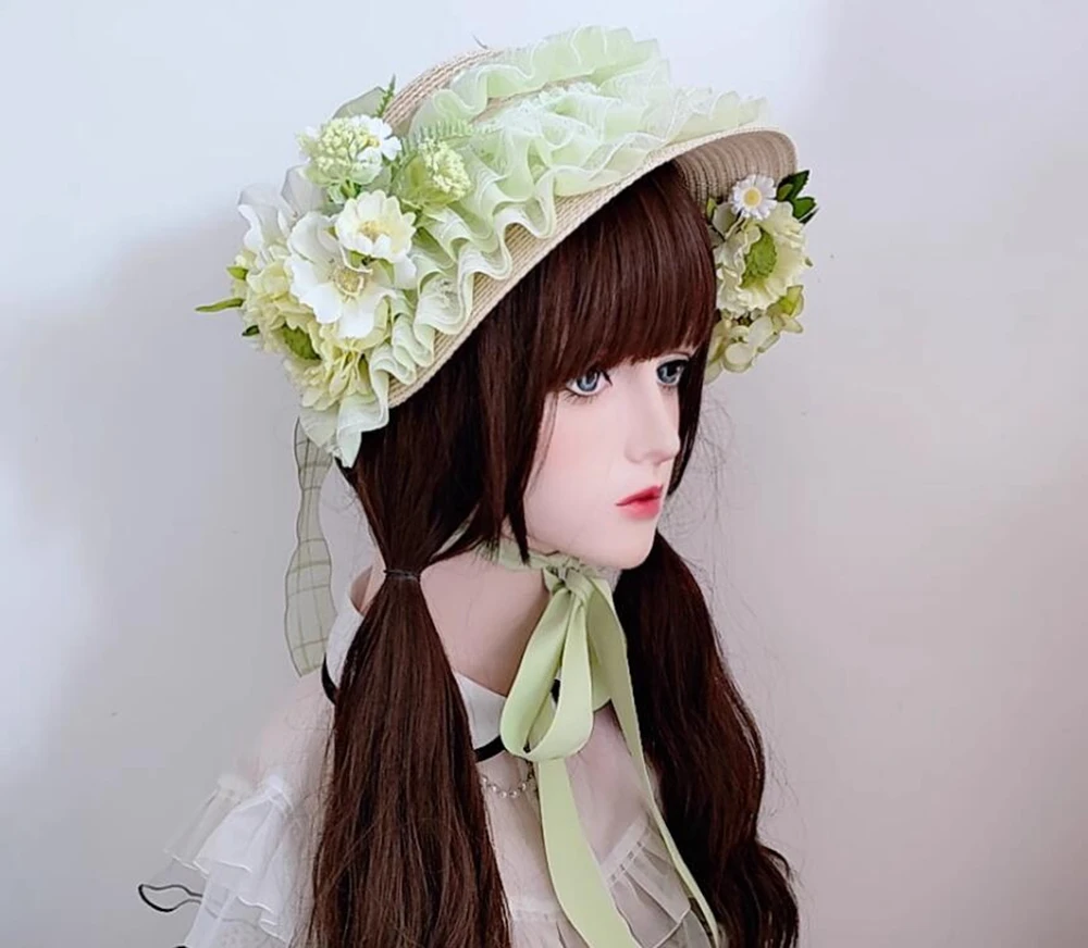 Vintage Victorian Headdress Flat Top Hat Ruffle Lace Lolita Straw Hat with Chin Strap Elegant Ribbon Flower Straw Hats