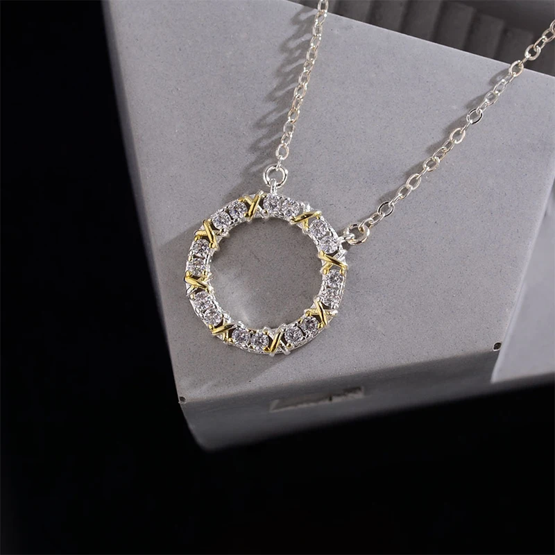 Foxanry 1 PC Sparkling Zircon Necklace For Women Couples Elegant Simple Bicolor Round Pendant Clavicle Chain Party Jewelry Gifts