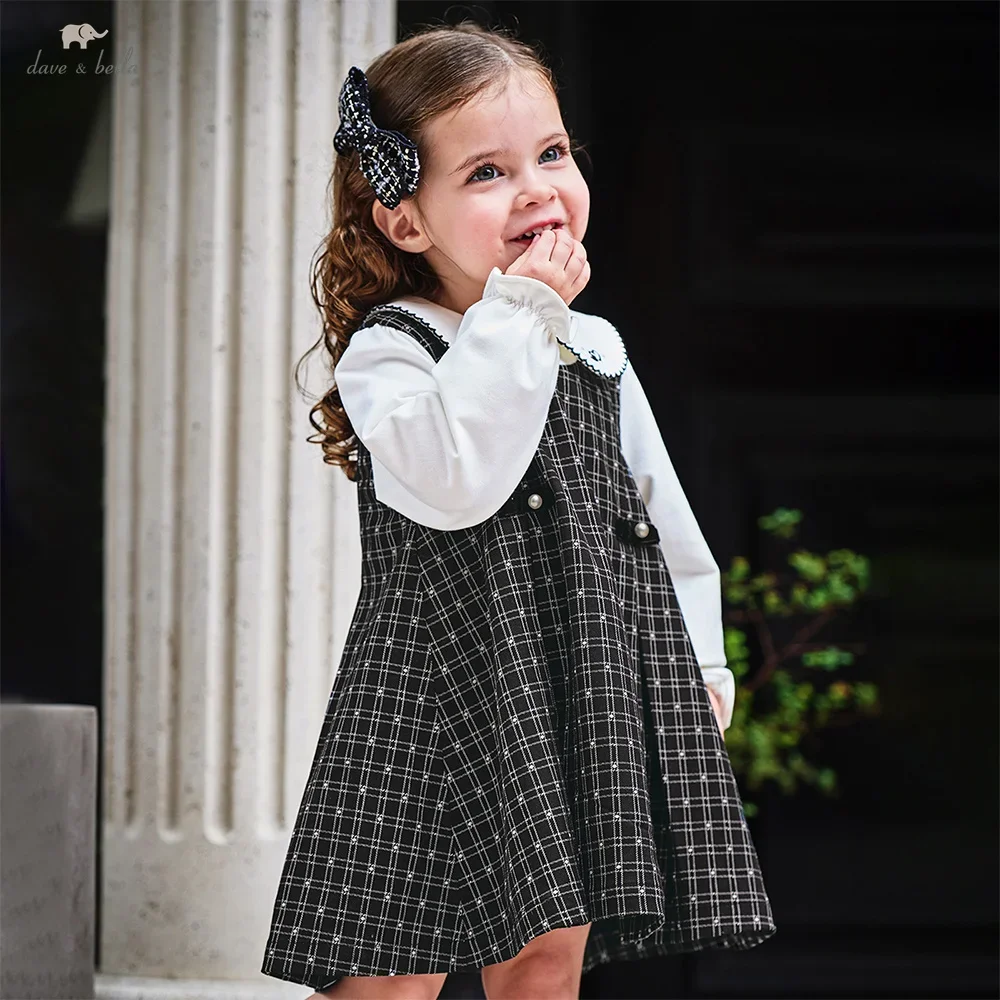Dave Bella Children's Dress Autumn Gentle Sweet Cute Girl's Plaid Princess Dress Fake Two Piece Party Casual Outdoor DB3253546