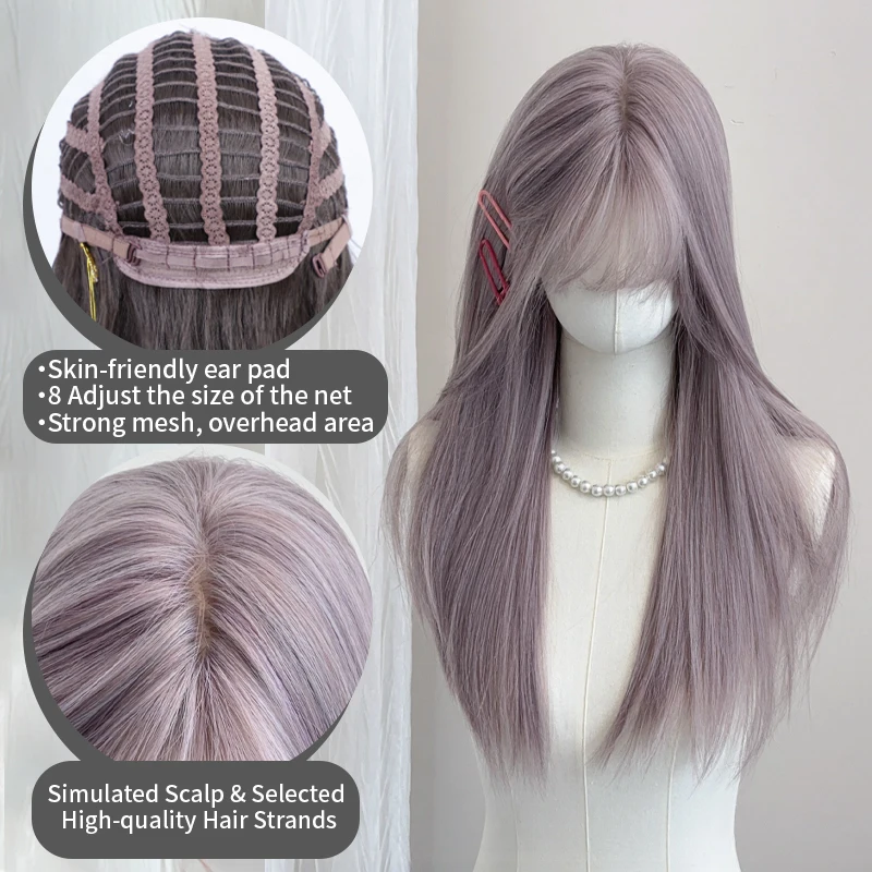 MEISU 20 Inch Synthetic Straight Hair Wig with Bangs Heat-Resistant Natural Grey Purple Women's Wig for Daily Wear And Parties