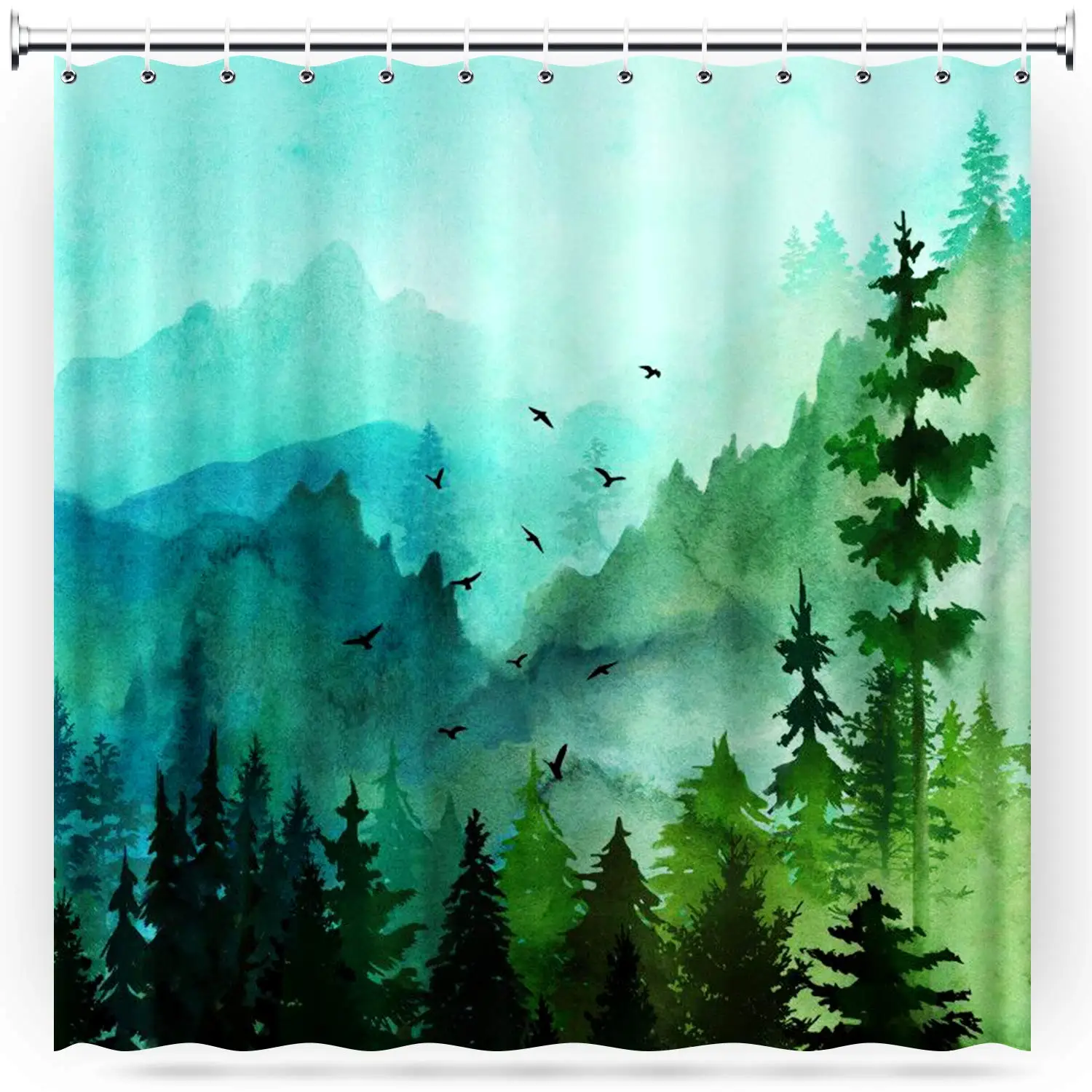 Forest Landscape Fabric Shower Curtain,  Bird, Foggy Pine Tree, Rustic Nature Scenery, Bath Decor