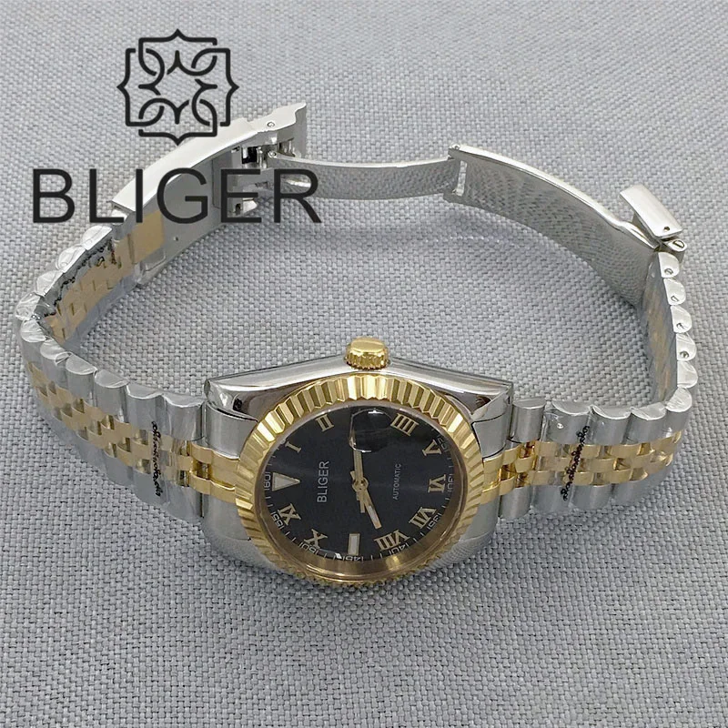 BLIGER 36mm/39mm Watch For Men NH35 Mingzhu Miyota PT5000 Movement Fluted Bezel Sapphier Glass Gray Dial Two-tone Gold Jubilee