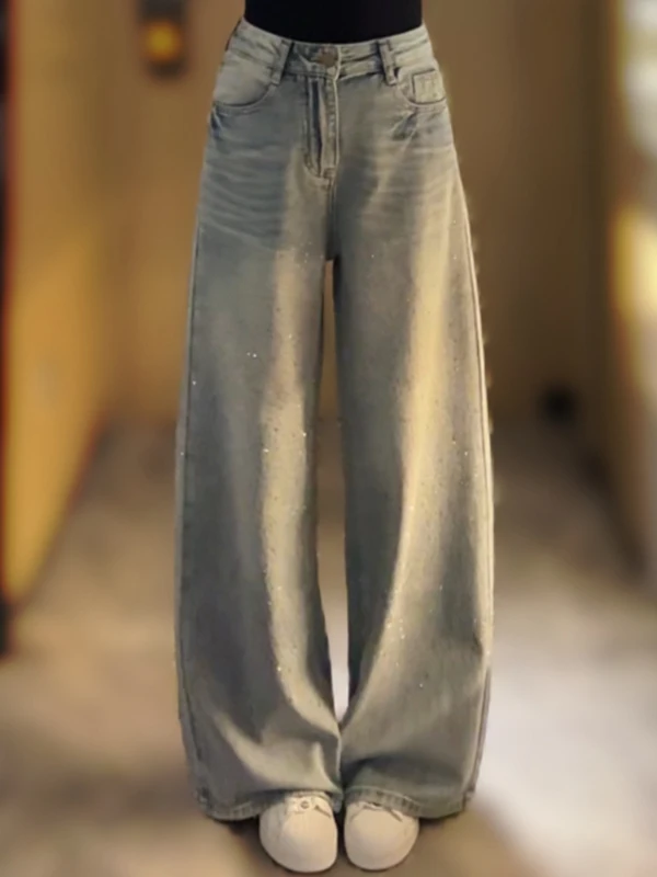 

Новые модные женские джинсы с высокой талией, блестящие, со стразами, повседневные, свободные, широкие брюки с нашивками из страз, длинные штаны