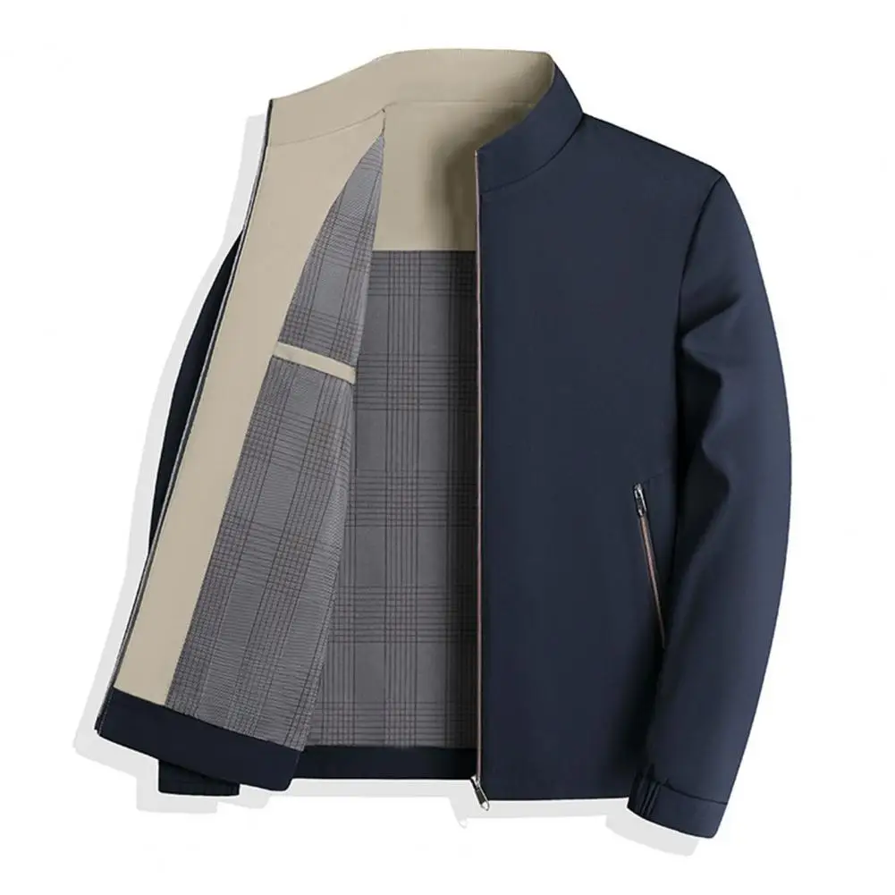 

Мужская куртка на молнии, пальто с воротником-стойкой и длинным рукавом, однотонное пальто с клетчатой подкладкой, карманы, куртка на молнии, повседневная верхняя одежда