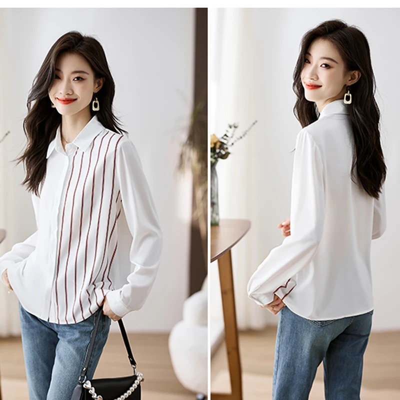 Lo más nuevo de 2025, moda de primavera, blusa de gasa de manga larga empalmada para mujer, camisa informal OL de oficina con cuello vuelto elegante, Tops para mujer