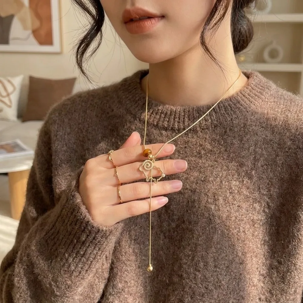 Cute Alloy Sheep Pendant Necklace Hollow Y-Shaped Sweater Chain Tiger Eye Stone Irregular New Year Long Necklace Daily Wear