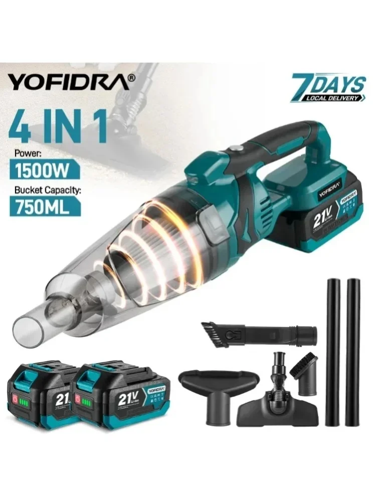 YOFIDRA 4 W 1 – bezprzewodowy, ręczny odkurzacz elektryczny o mocy 1500 W, ładowany, do czyszczenia w domu, idealny do usuwania sierści zwierząt, kompatybilny z akumulatorami Makita 18–21 V. — 2