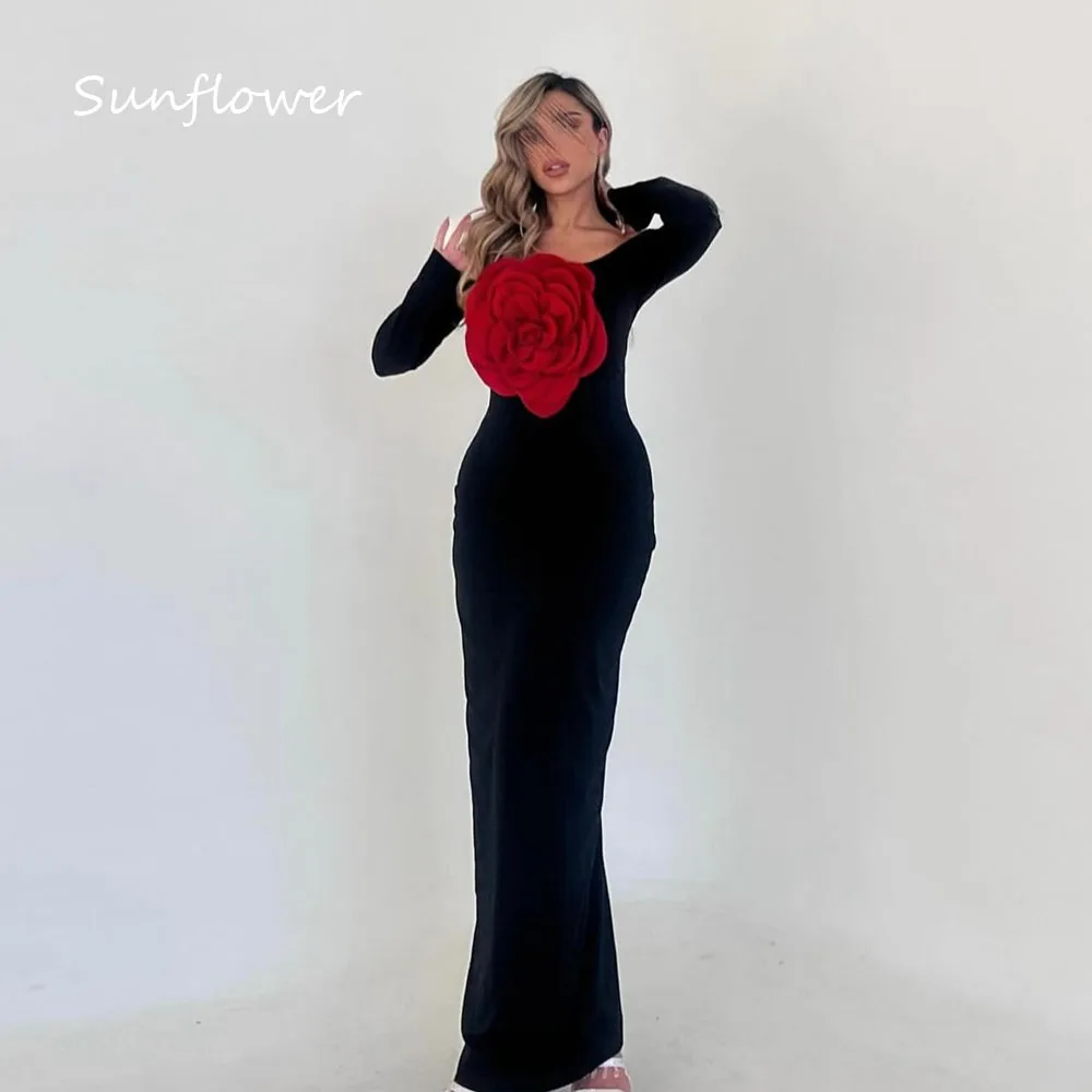 

Sunflower Black Off The Shoulder 3D Flowers Crepe Mermaid Prom dress 2024 Slim Long Sleeve Floor-Length Formal Evening Dress