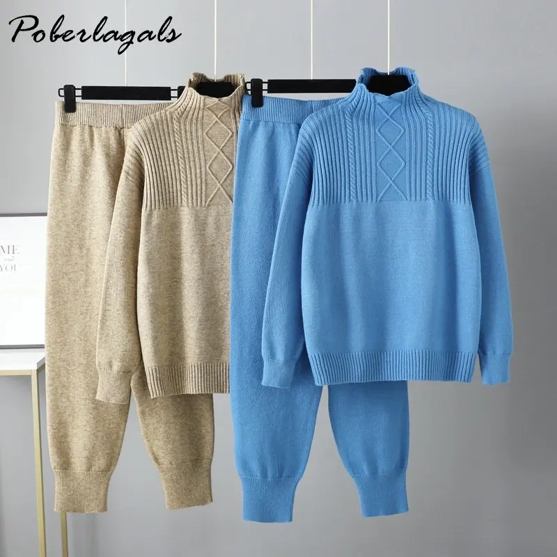 Two-piece Sets Winter Oversized Drop Sleeve Cashmere Knit Thick Loose Turtleneck Sweater Tracksuits Wide Leg Pants Suit Women