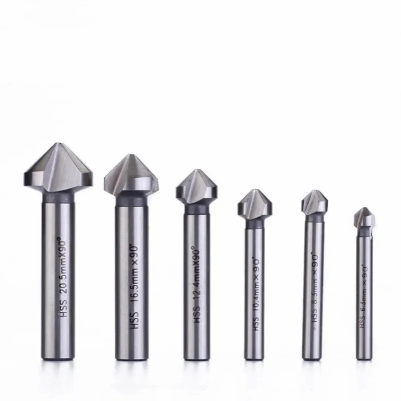6PCS/Set 6.3-20.5mm Chamfering End Mill Cutter 3 Flute Round Shank 90 Degree HSS Countersink Deburring Tapered Drill Bit