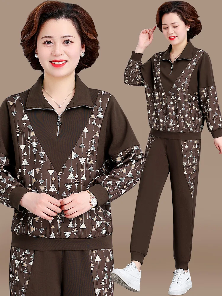 

Casual Sportswear Set for Middle-Aged Women Spring Autumn Faionable Sweatirt Two-Piece Set Mom Clothes Loose Fit Long Pants
