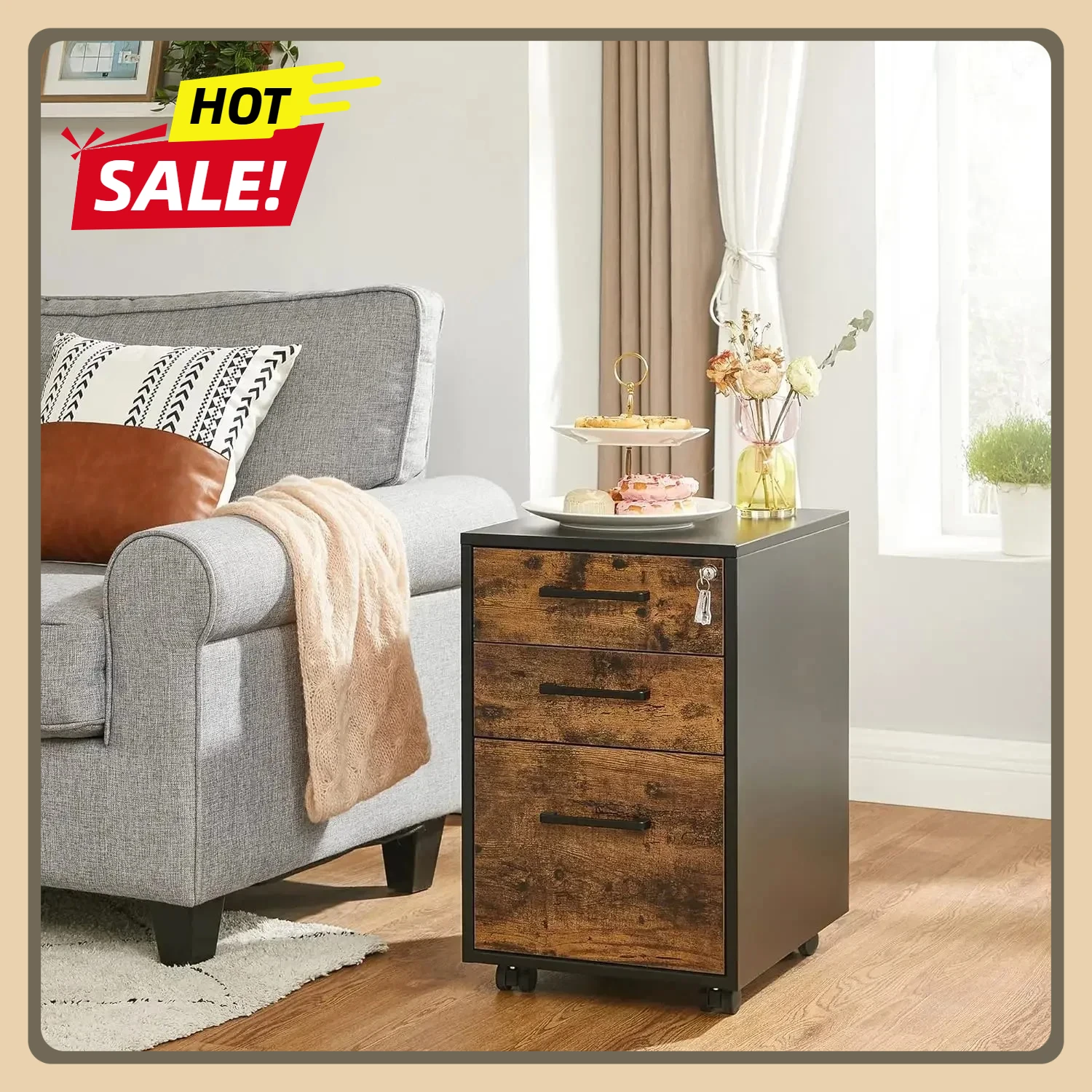 

File Cabinet, Office Filing Cabinet with Lock Except Wheels and Handles, for A4, Legal, Letter Sized Documents, Pre-Assembled
