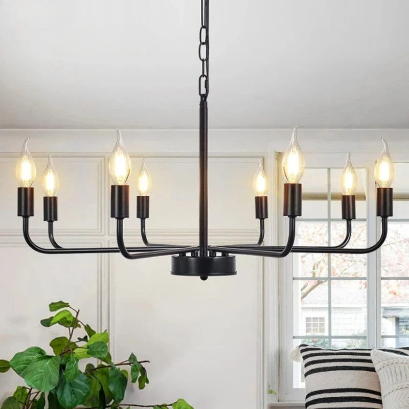 

American Industrial Style Black Wrought Iron Chandeliers Retro 8 Heads Candle Pendant Light Living Room Restaurant Hanging Lamps
