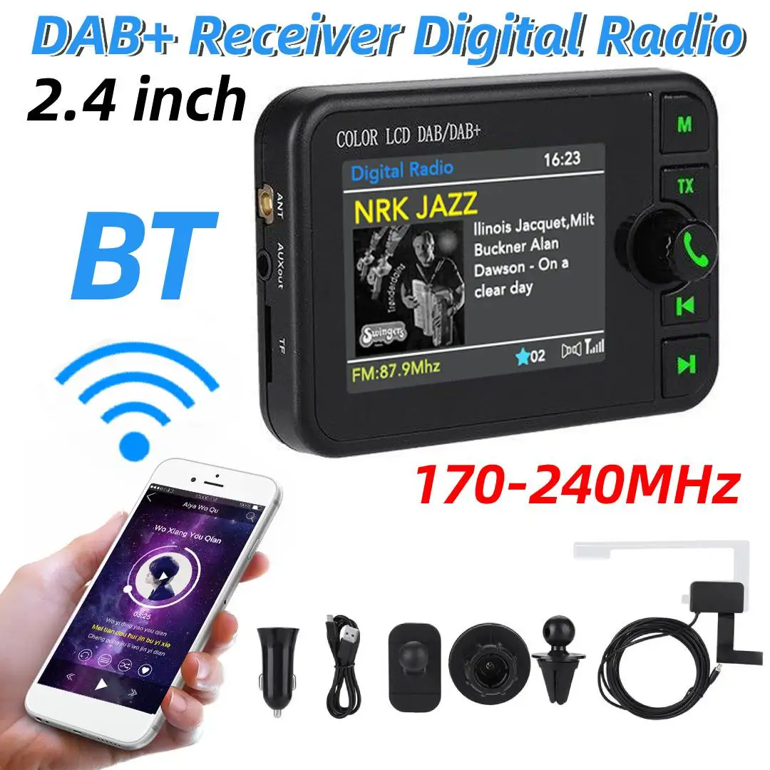 

DAB Radio Receiver in Car with 2.4'' Screen Stereo Digital Signal Antenna Broadcast Adapter Bluetooth 5.0 AUX MP3 FM Transmitter