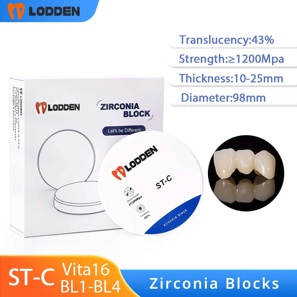 ST-C LODDEN Dental Zirconia Block ≥1200Mpa Strength 10-25mm Thickness 43% Translucency 98mm Diameter Dental Lab CAD CAM System