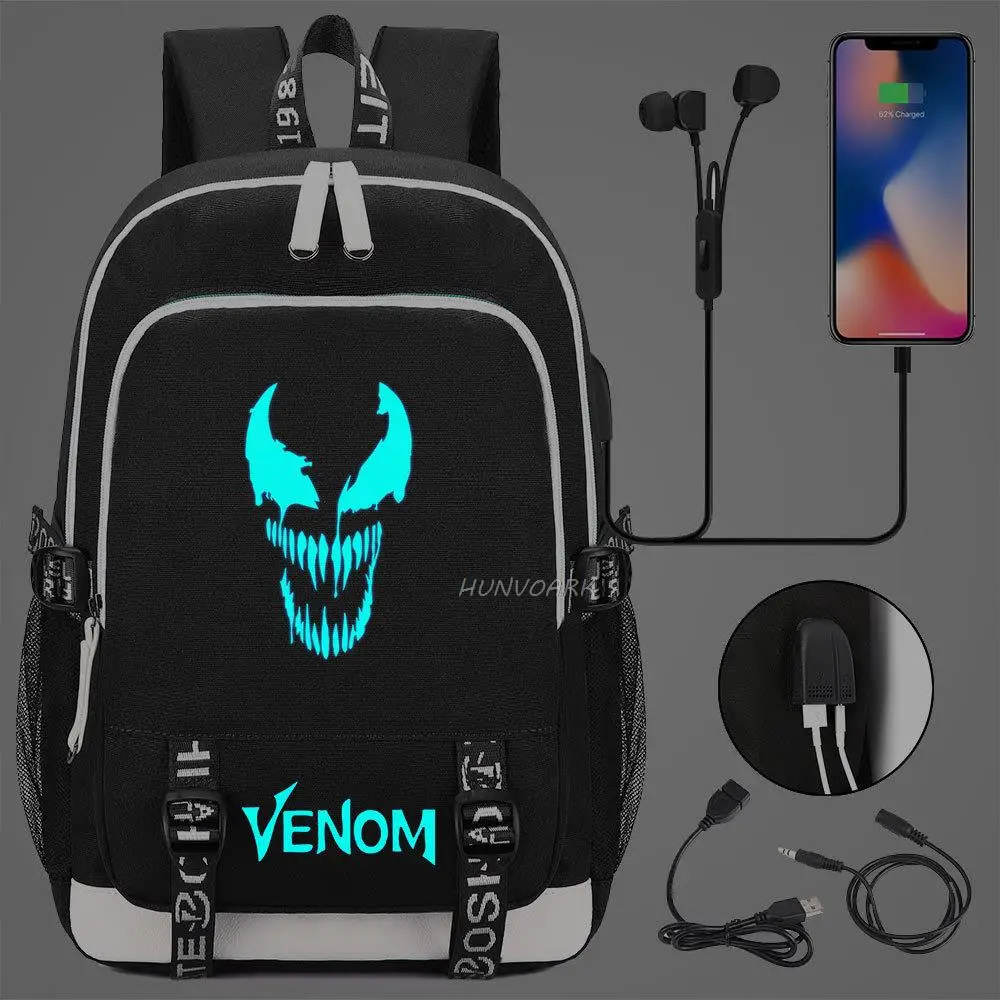 Mochila con patrón luminoso Venom, bolso escolar para ordenador portátil con Usb a la moda para niñas, niños y adolescentes, Mochilas geniales informales