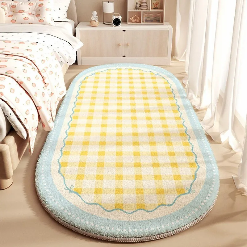 VIKAMA Korean Style Long Grid Plush Carpet, Soft And Comfortable, Bedroom Bedside Blanket, Home Decoration