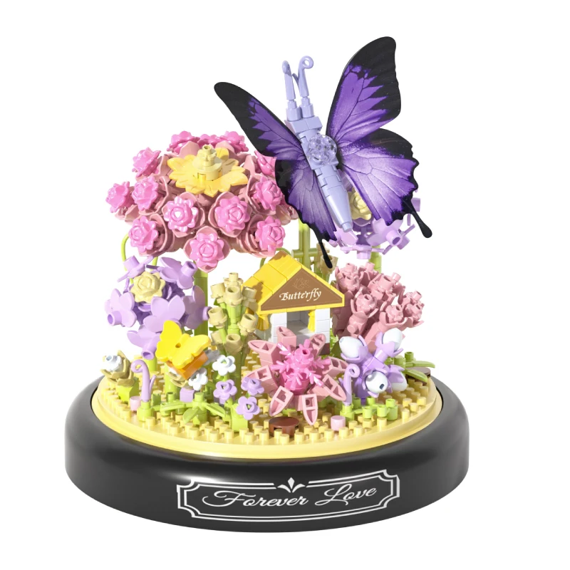 Bee Butterfly Dragonfly Flower Bonsai Building Blocks Insect Plant Potted Model Building Blocks with Dust Cover Children\'s DIY