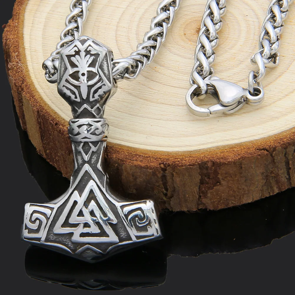 

Vintage Viking Necklace for Hammer Pendant Stainless Steel Punk Hip Hop Charm Clavicle Chain Male Neck Accessory