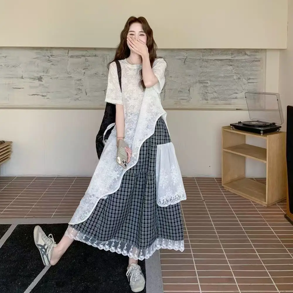 Irregular Lace Patch Short Sleeve Tunic Top + Plaid Lace Ruffle Hem Long Maxi Skirt, Loose Fit Casual Two Piece Dress Set