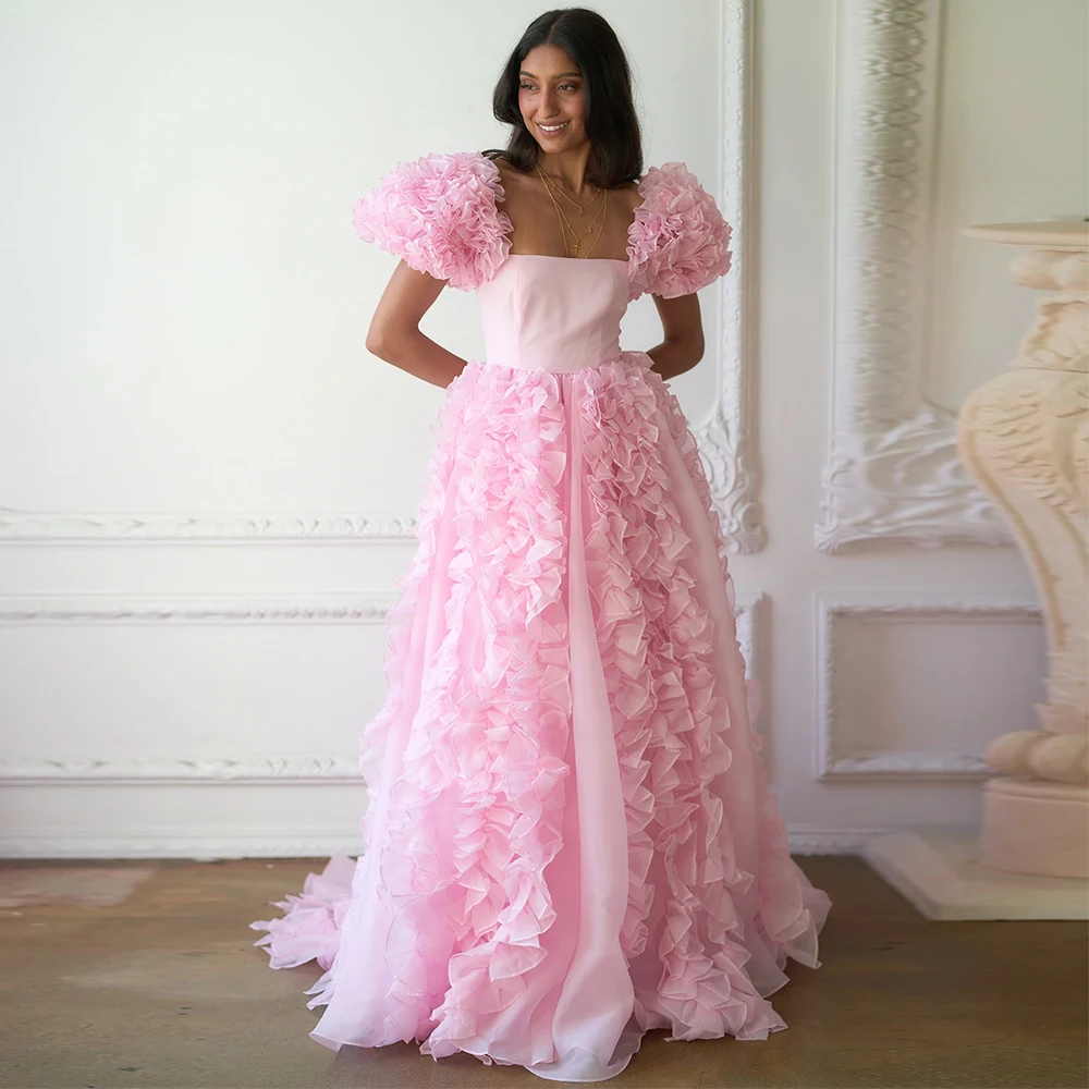 Sweettie – robe de bal de forme trapèze, tenue de soirée formelle, Vintage, manches bouffantes, rose, col carré, à volants, dos nu, 2022