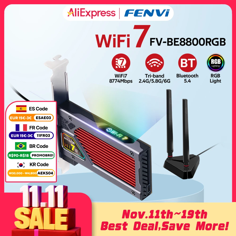 

Fenvi 8800Mbps WiFi 7 BE200 PCIe WiFi Adapter FV-BE8800RGB Bluetooth 5.4 WiFi7 for Intel BE200 Wireless Network Card 2.4G/5G/6G