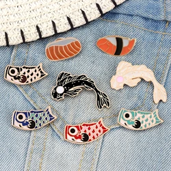 Japanese Lucky Koi Fish Shirt Lapel Pins Tasty Sushi Salmon Food Enamel Brooches Cartoon Fish Hat Badge Jewelry Gift for Friends