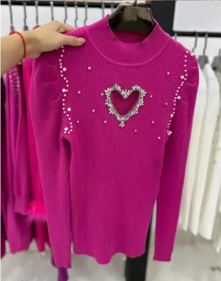 Fashion Blouses Sweater for Woman 2023 Autumn and Winter New Sexy Rhinestone Hollow Heart Knit Sweater Female Solid Pullover