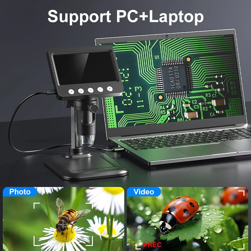 4.3'' Digital Microscope 1600X Magnification Electronic Welding Microscope 1080P Video Stereo Microscopio for Adult Repair 8LEDS