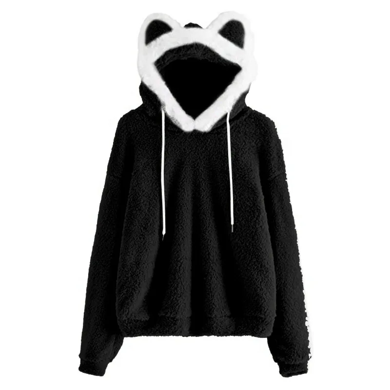 Cute Ear Hooded Pullover Fuzzy Fleece Sweatshirt Y2k Gothic Clothes Retro Streetwear Casual Fashion Harajuku Clothing 2025 New