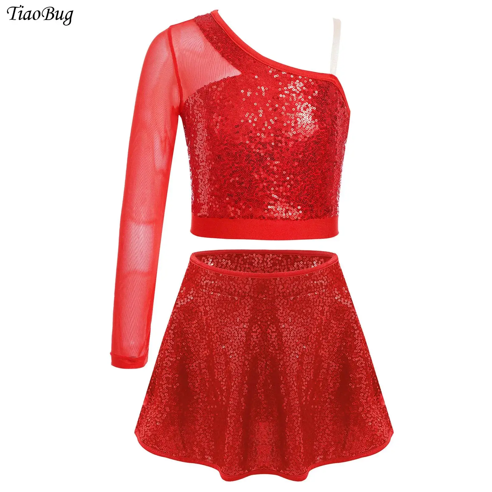 

Kids Girls Jazz Latin Dance Outfit 2Pcs One Shoulder Shiny Sequins Sheer Mesh Crop Top+Skirt Street Dance Performance Costumes