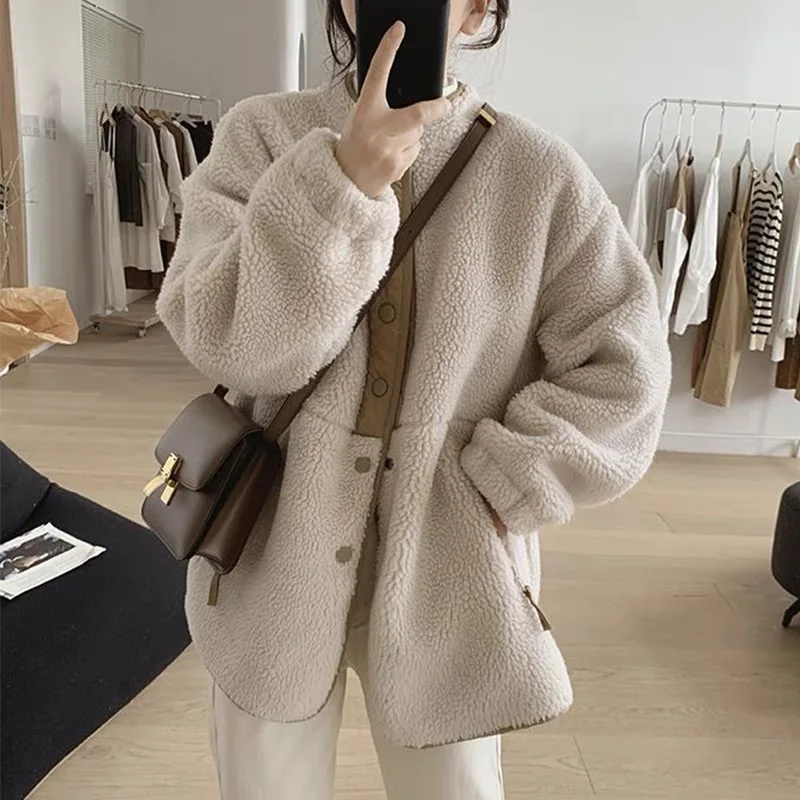 

Lamb Fur Jaet Women's Loose Fit Thiened Stand Collar Coat Large Size Autumn Winter Outwear Regular Sve Long Button Clo...