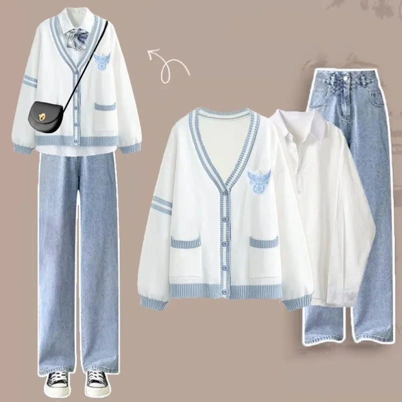 Herbst/Winter Set Studentin koreanische lose Langarmhemd gestrickt Woll mantel weites Bein Jeans dreiteiliges Set