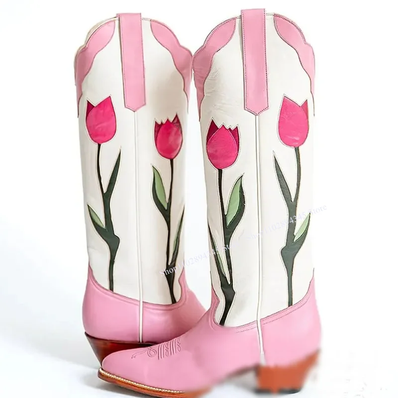 

Pink Flower Decor Knee High Boots Zipper Chunky Heel Pointed Toe Fashionable Sexy Winter 2024 Woman Shoes Zapatillas Mujer