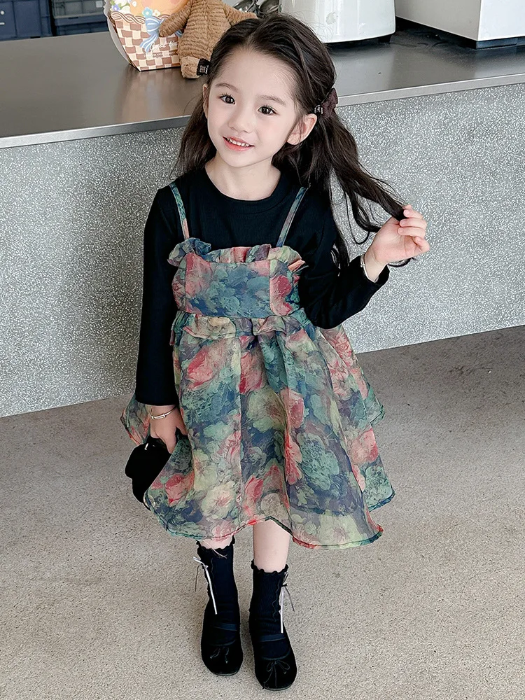 

2025Girls' Autumn Clothes New Retro Style Fashionable Floral Princess Dress