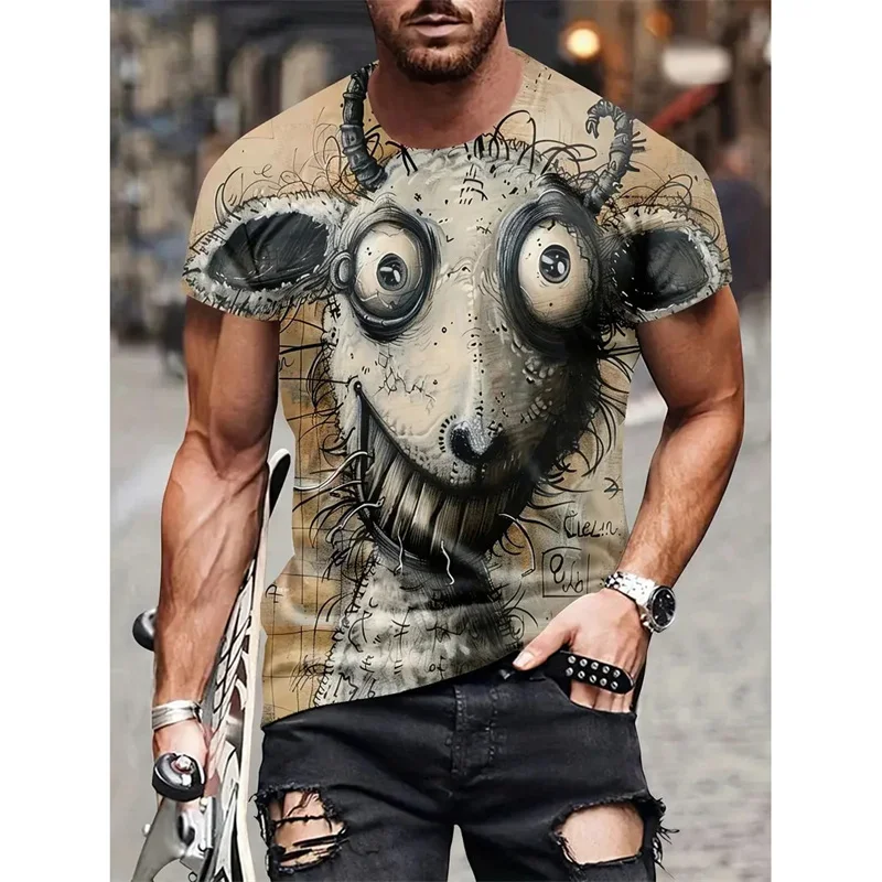 Funny Men's Sketch Weird Monster Face 3D Print T‑Shirt Creepy Doodle Art Abstract Creature Graphic Streetwear Short‑Sleeve Tee