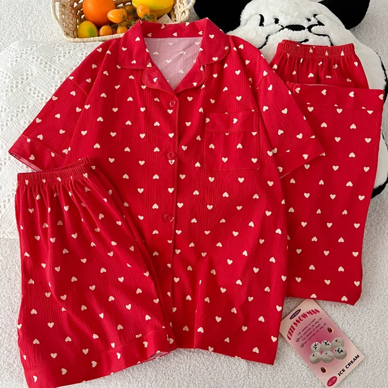 Женские пижамные комплекты, ночная рубашка с короткими рукавами, топ и брюки, одежда для сна из трех предметов, домашняя одежда, модный пижамный комплект с принтом, одежда для сна