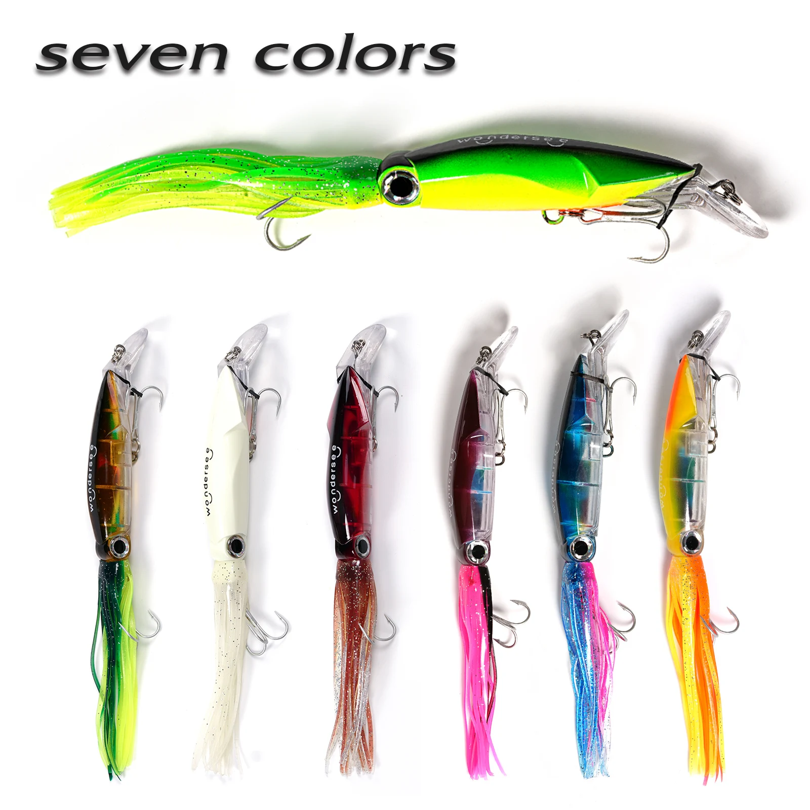 Wondersee 4pcs 235mm 36g Trolling Squid Fishing Bait Soft Hard Lures Kit Swimbait Crankbait Jig Simulation Weighted Holographic