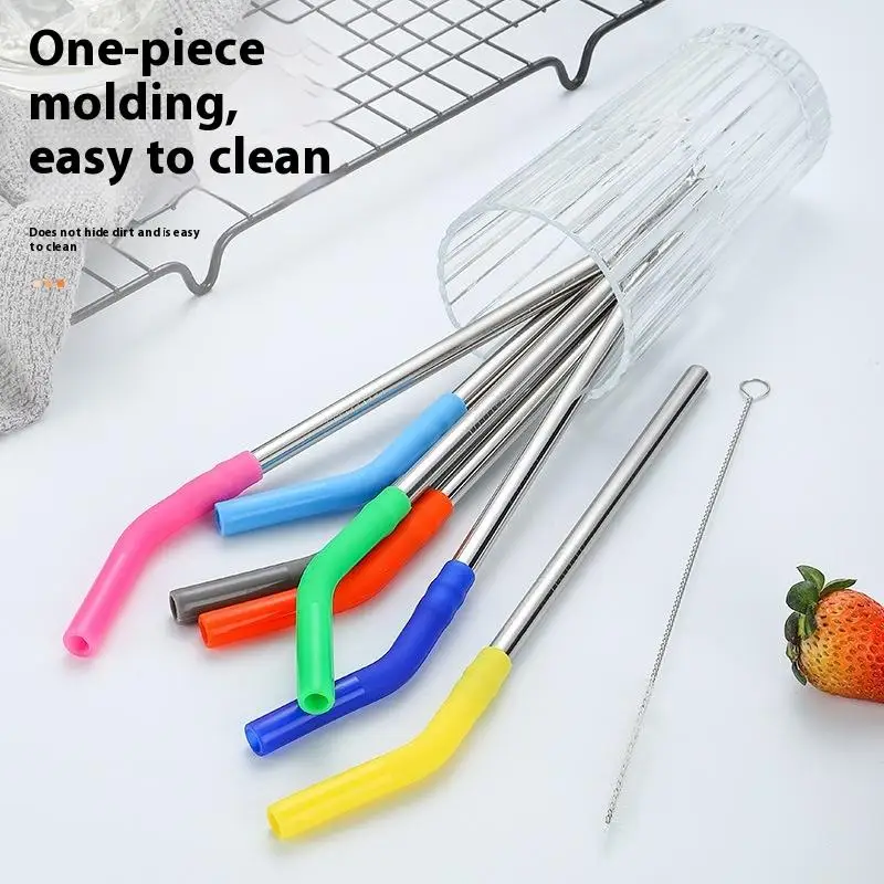 1Set Long Stainless Steel Straw With Silicone Straw Sleeve Drinking Straw With Cover Kitchen Gadgets-Homeclub