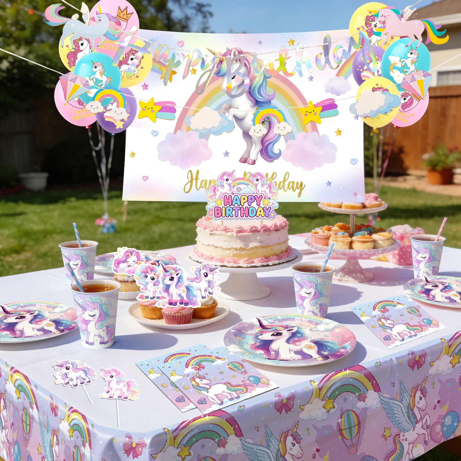 98 Pcs Rainbow Unicorn Party Supplies- Unicorn Plates Napkins Banner Balloons etc Unicorn Birthday Party Decorations Tableware view 5