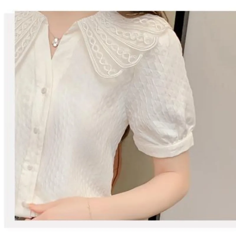 Solid Color Turn-down Collar Button Summer Cardigan Short Sleeve Gauze Embroidery Trendy T-shirt Casual Elegant Women\'s Tops